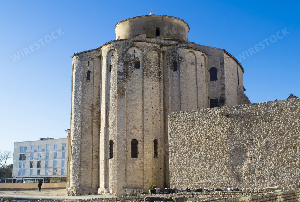 A panoramic full shot of saint Donatus Church against a clear blue sky in Zadar Croatia