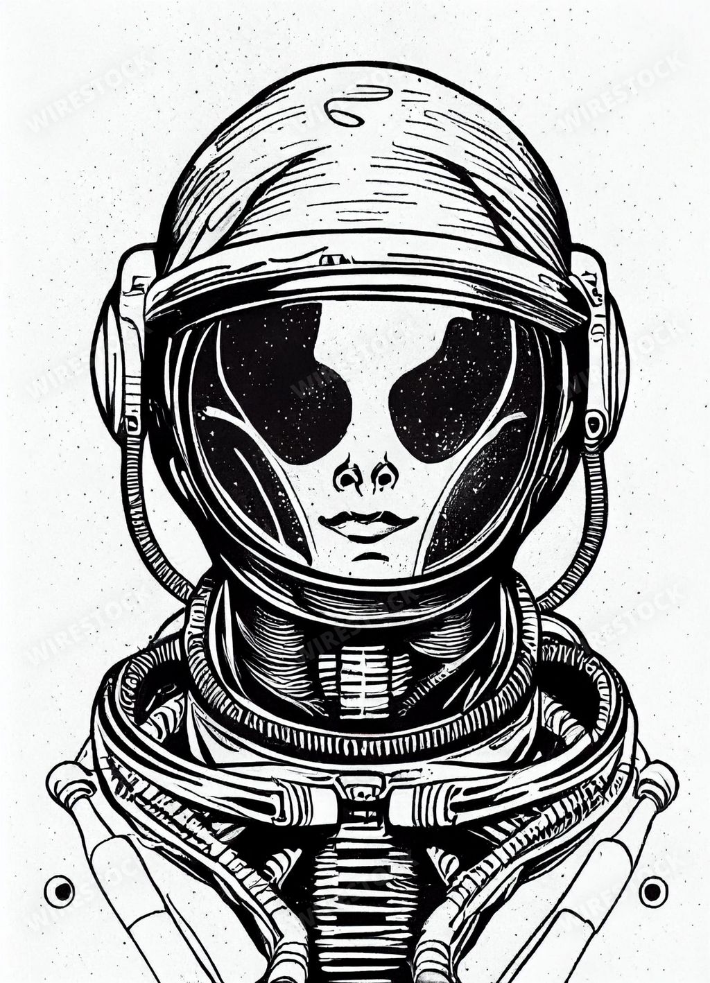 A vertical shot of an Alien astronaut drawing perfect for tattoo design