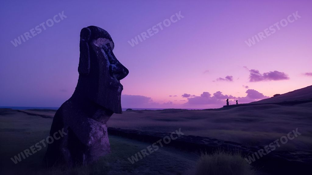 An AI-generated illustration of the Moai statue at sunset on Easter Island with a purple sky