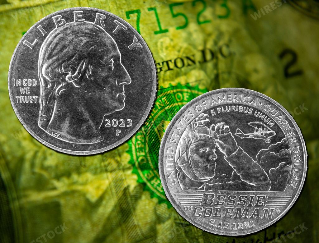 A US quarter dollar coin with Bessie Coleman, first African American female pilot