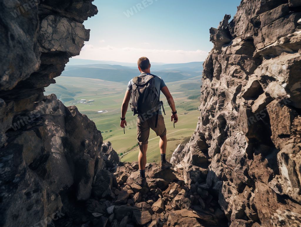 A man is engaging in a challenging outdoor activity, hiking up the steep, rocky mountain side