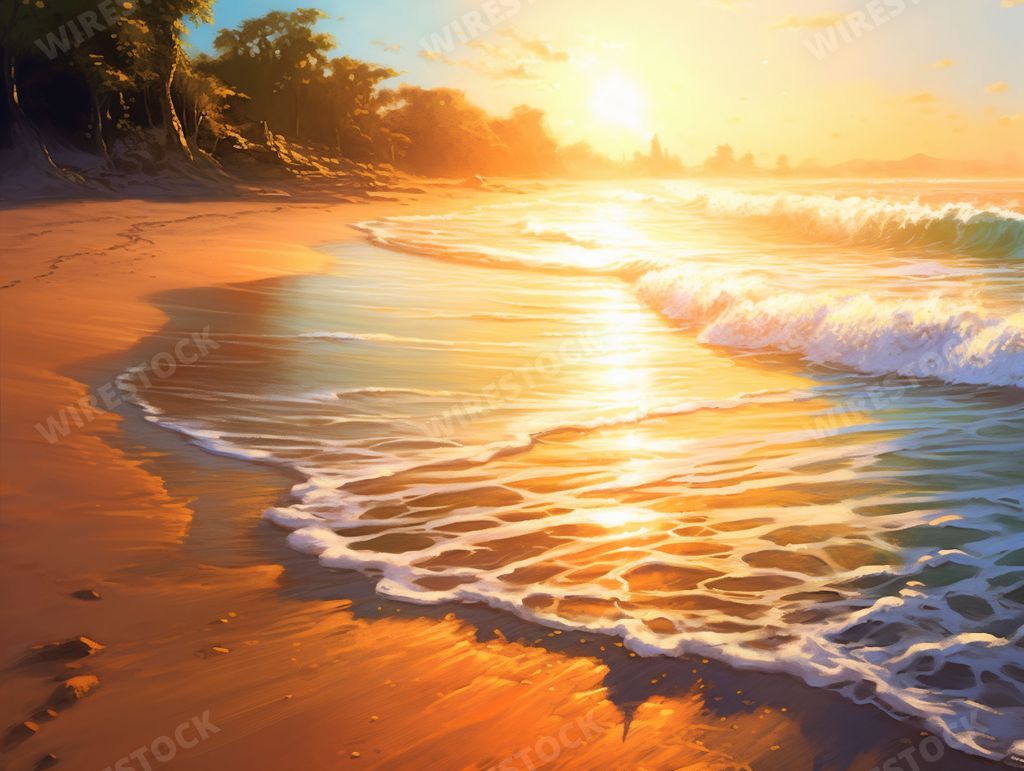 An AI generated illustration of a picturesque beach with waves lapping against the shoreline at sunset