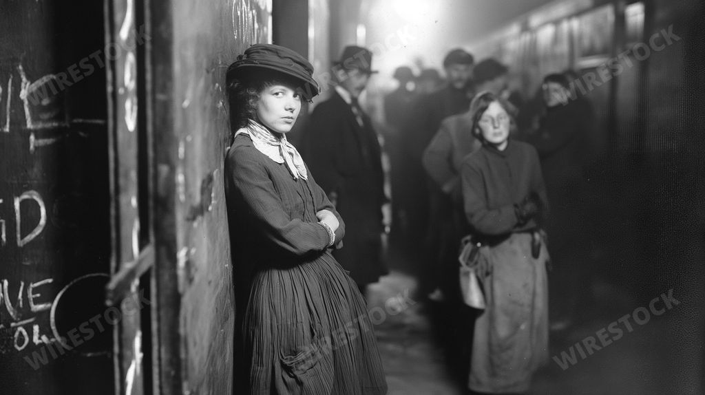 An AI generated illustration of Vintage black and white photo of people waiting at a train station, featuring a young girl leaning against a wall.