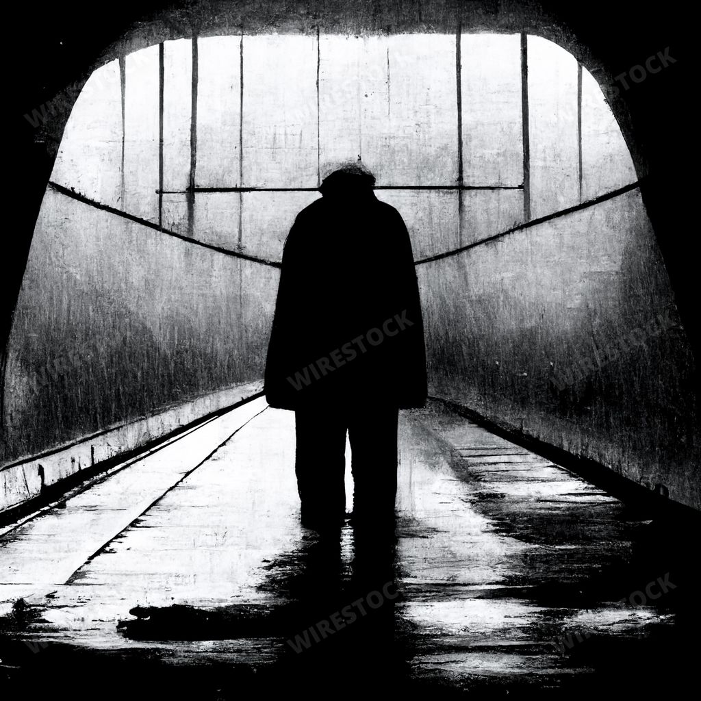 An illustration of sad and depressed man in a tunnel, depression and mental health concept