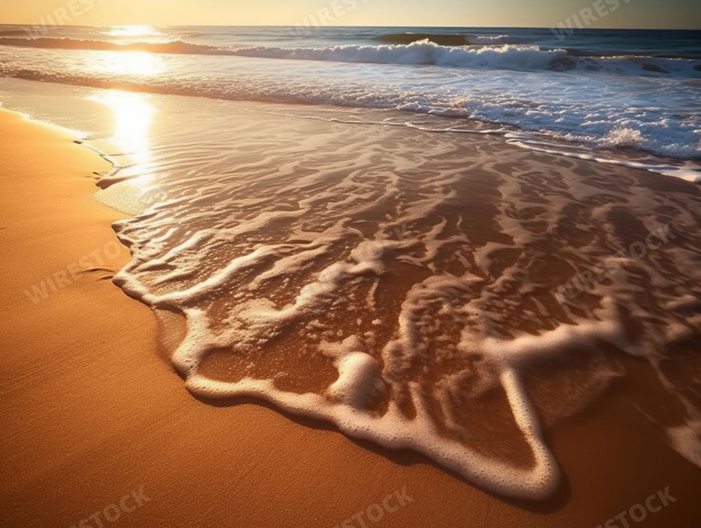 An AI generated illustration of A gorgeous view of a tranquil beach at sunset, with the sun's warm golden rays illuminating the landscape