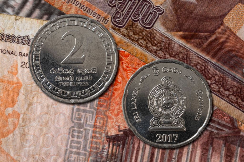 A closeup of the Sri Lanka rupee coins