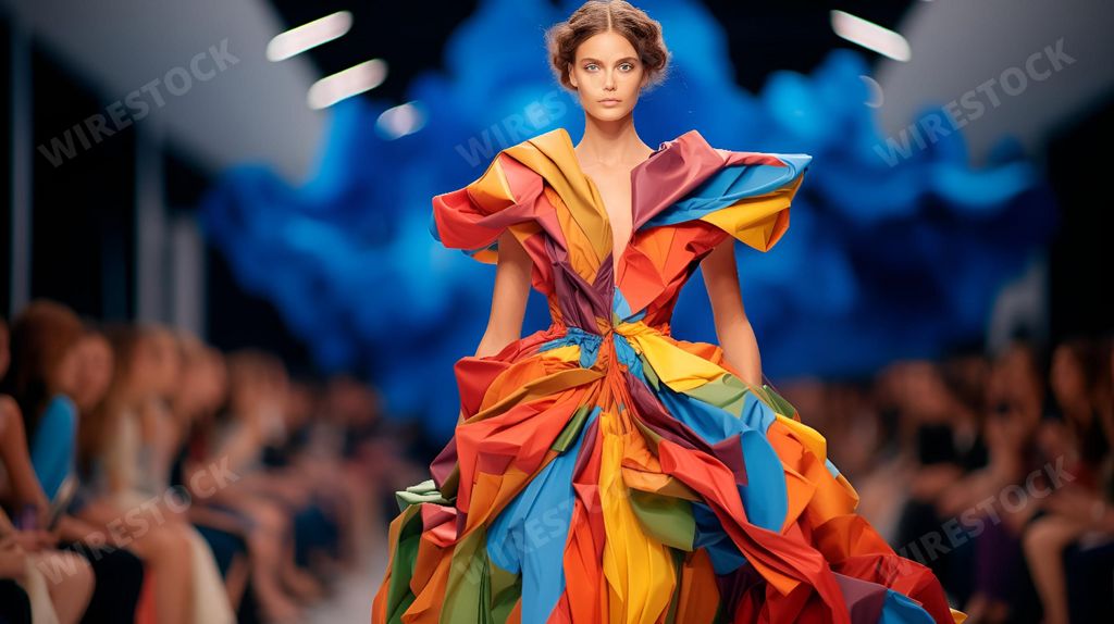 An AI generated illustration of A confident female model strides down the catwalk in a stylish designer outfit during a glamorous fashion show