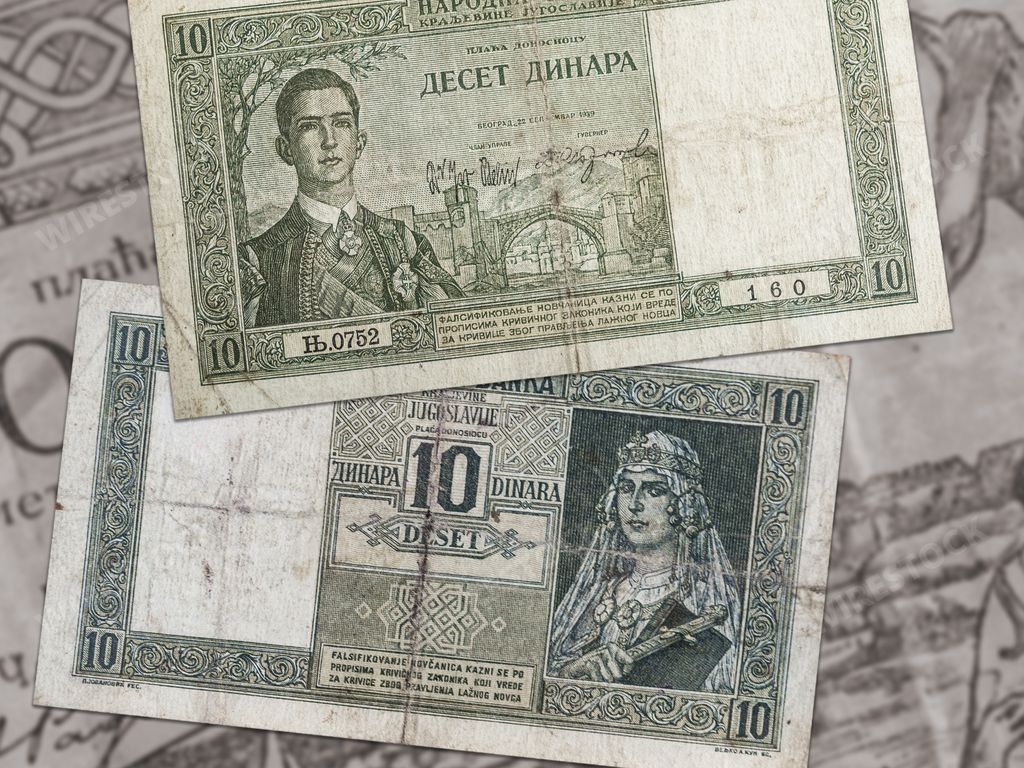The vintage Kingdom of Yugoslavia 10 banknotes