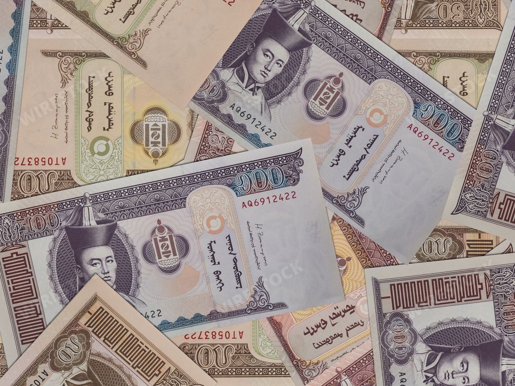 A top view of Mongolian tugrik banknotes