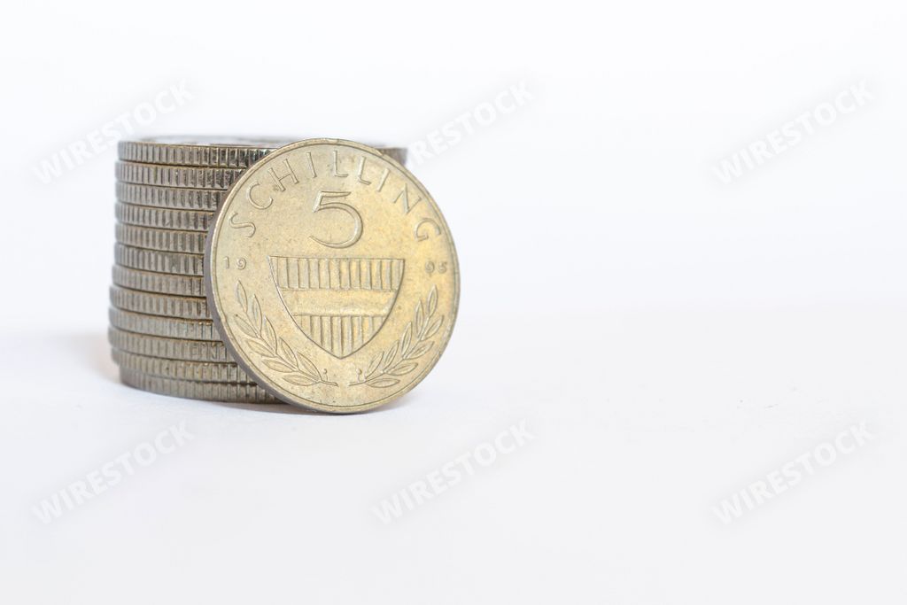 A closeup of a Austrian 5 schilling coin on a white background