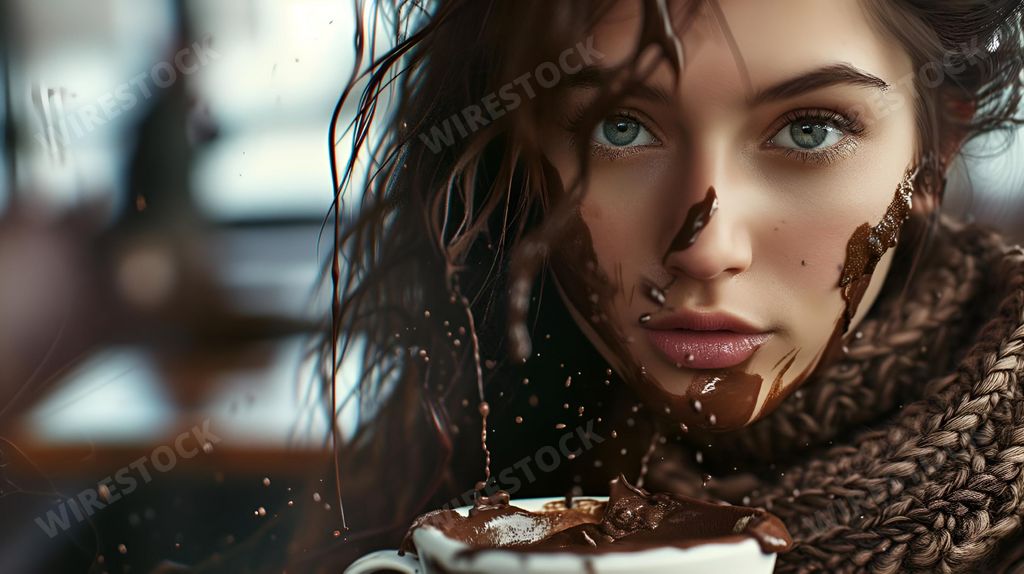 An AI generated illustration of a woman in a brown sweater enjoying chocolate-topped coffee