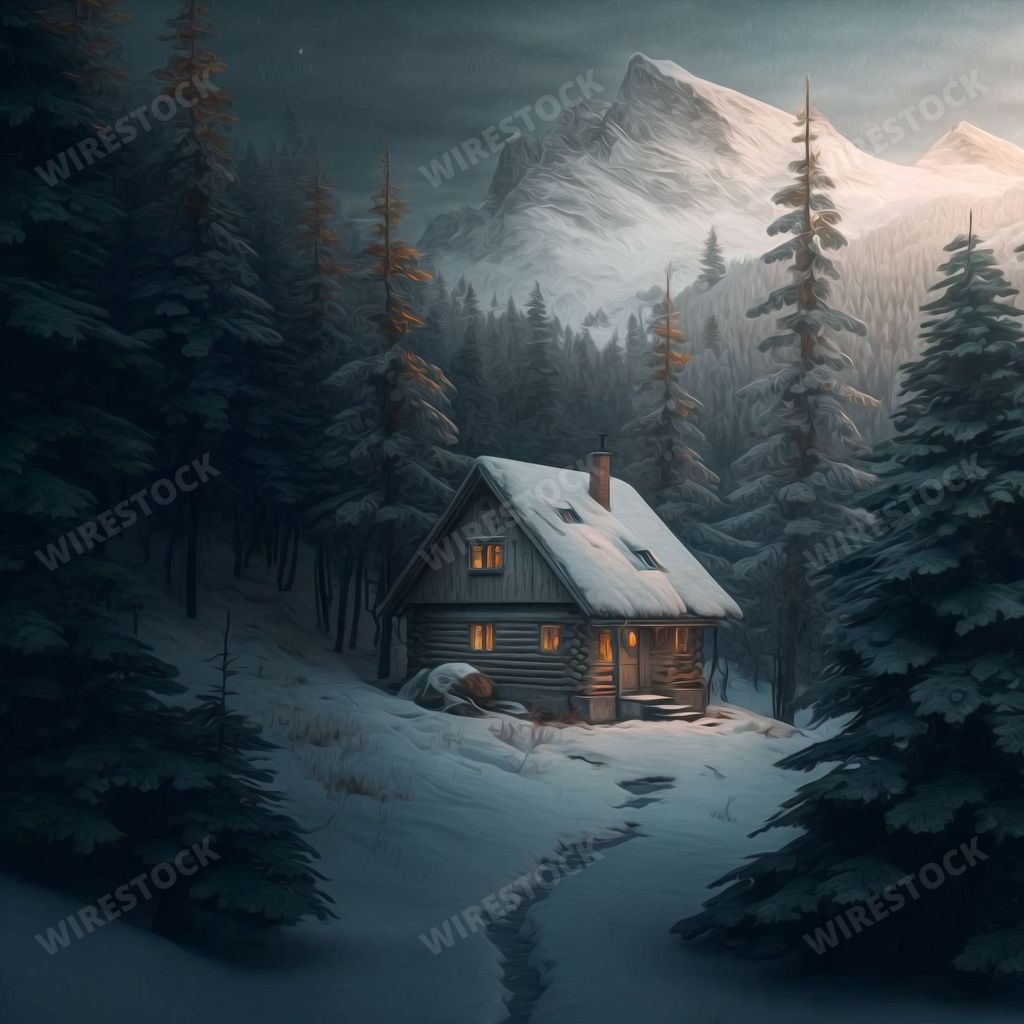 An AI generated illustration of a quaint cabin situated amongst snow-covered pine trees in a winter landscape