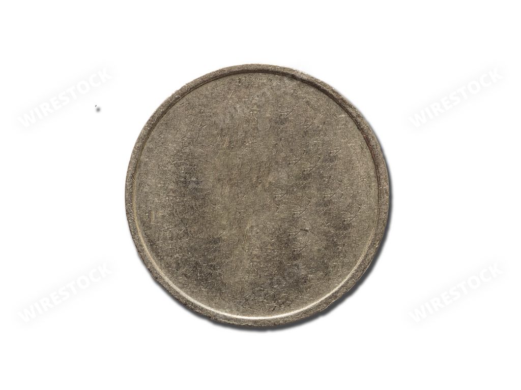 A closeup of a blank metal coin on a plain white background for individual design or montage