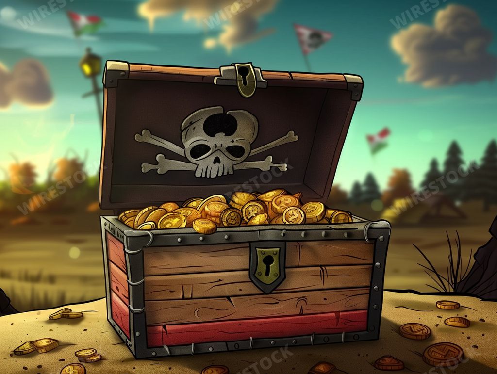 An AI generated illustration of Chest of golden coins in desert landscape with trees and clouds
