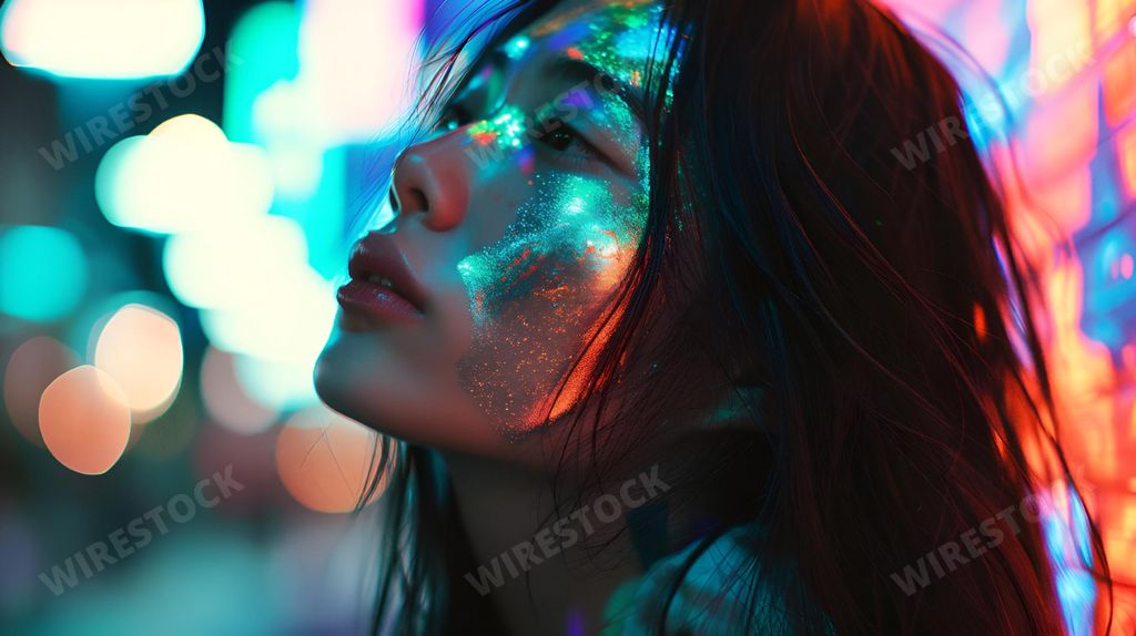 An AI-generated illustration of a young woman presented wearing bright fluorescent body paint