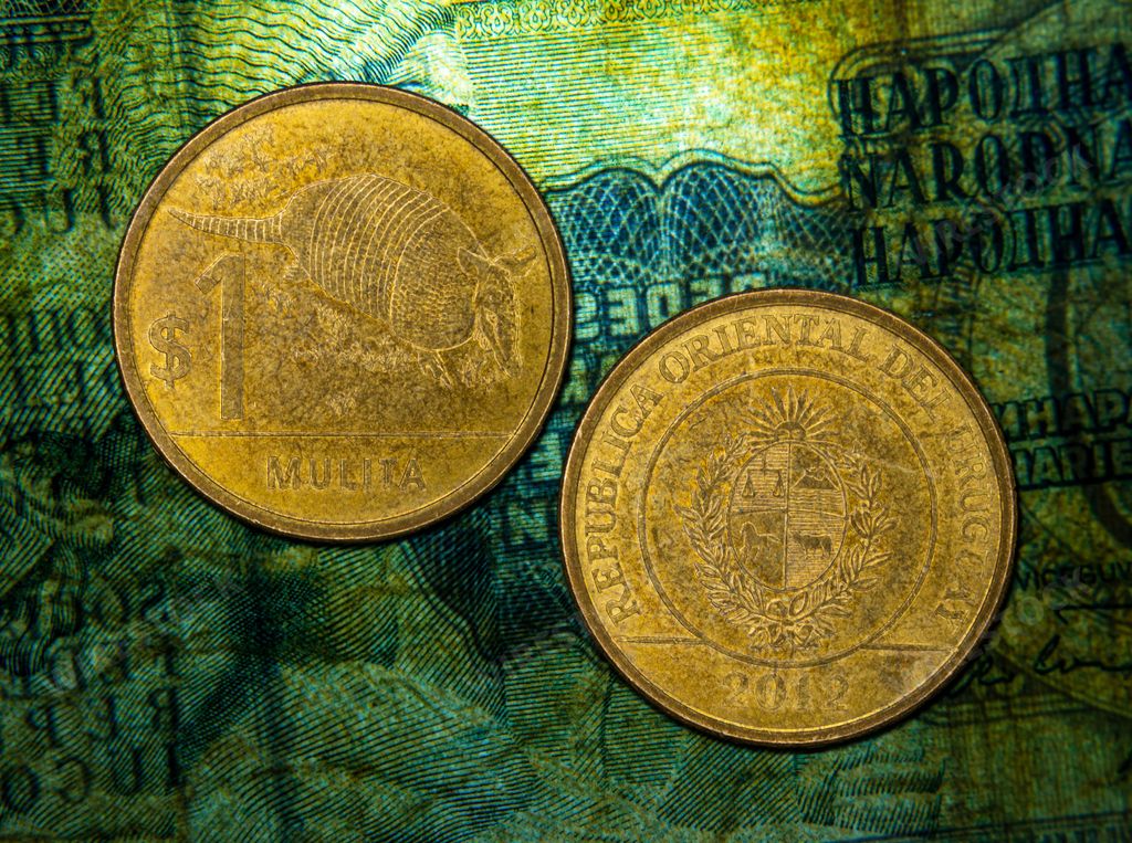 A close-up of one peso Uruguay coin, money of Uruguay. Native fauna of Uruguay series, Mulita