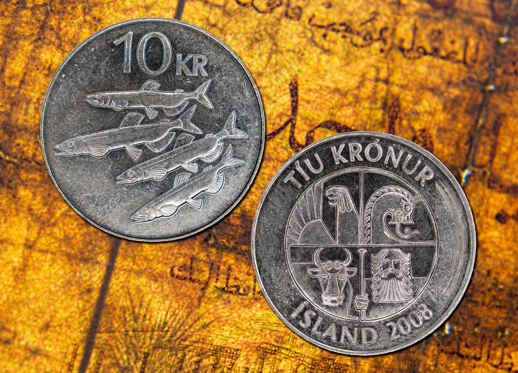 A closeup of Icelandic 10 kronur coins