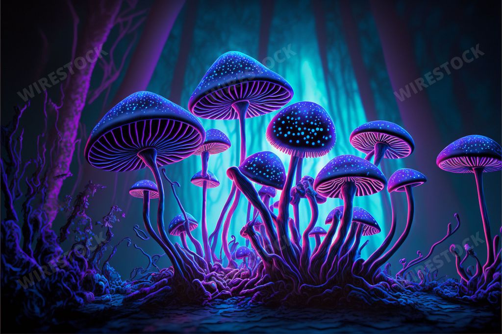 An AI generated illustration of vibrant, psychedelic mushrooms radiating a magical, surreal energy