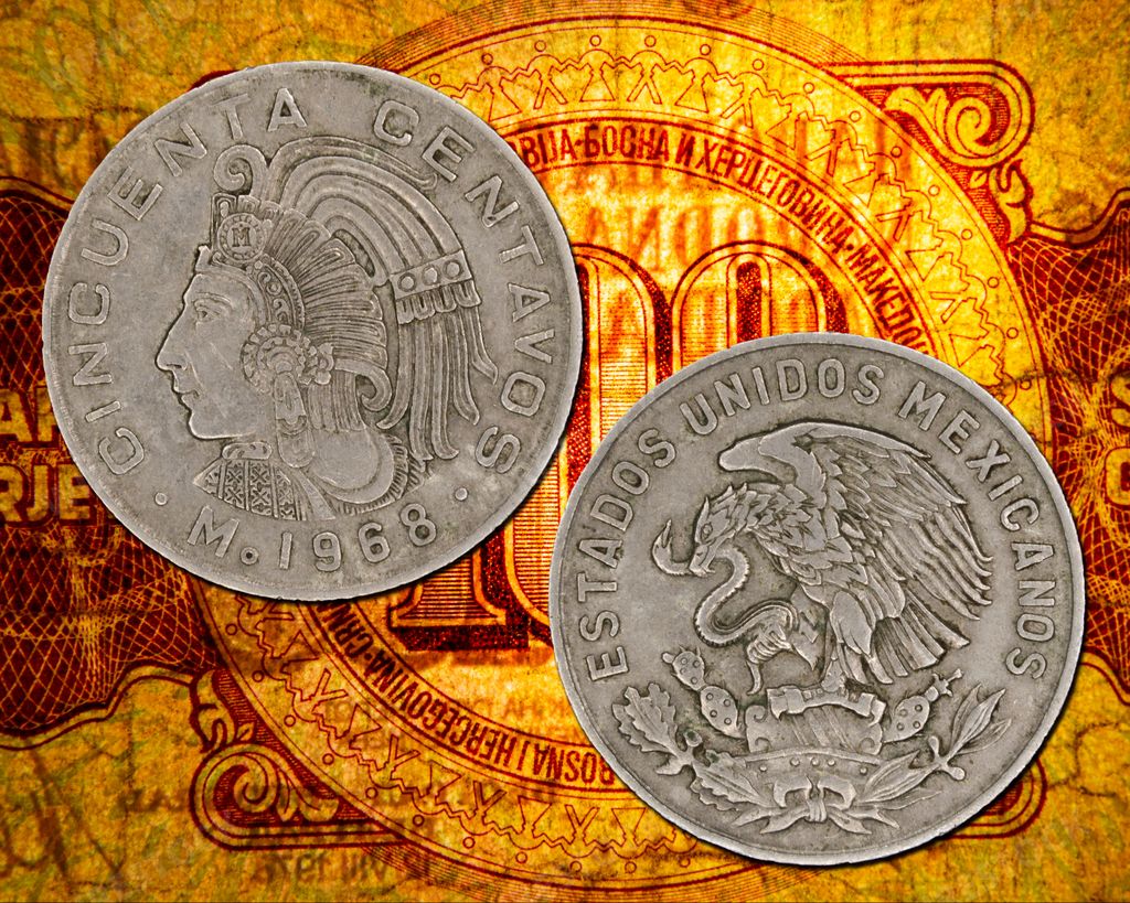 A close-up of Mexican peso coin from 1968 with intricate details on a colorful background