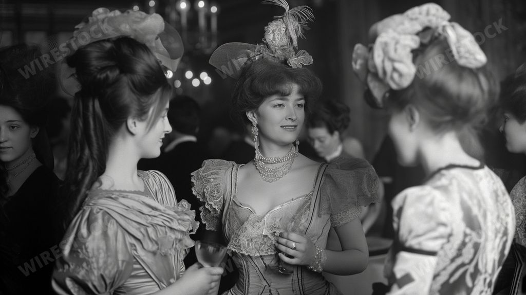 An AI generated illustration of A black and white vintage photograph of women in elegant Victorian dresses and ornate hats at a social gathering.