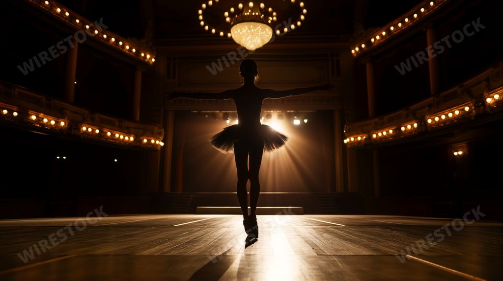 An AI generated illustration of a ballerina gracefully poised on stage with spotlight
