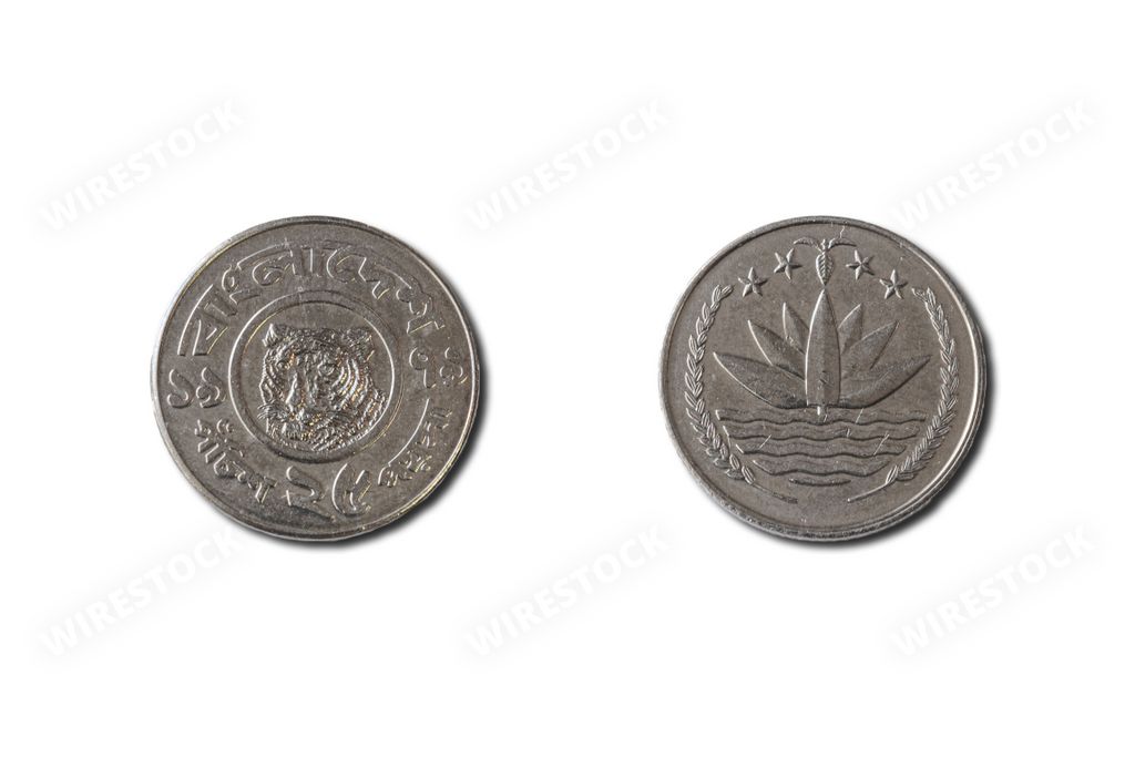 A closeup of Bangladeshi taka, 25 poisha coin on a white background
