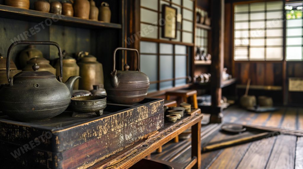 An AI generated illustration of a traditional Japanese tea room with antique teapots
