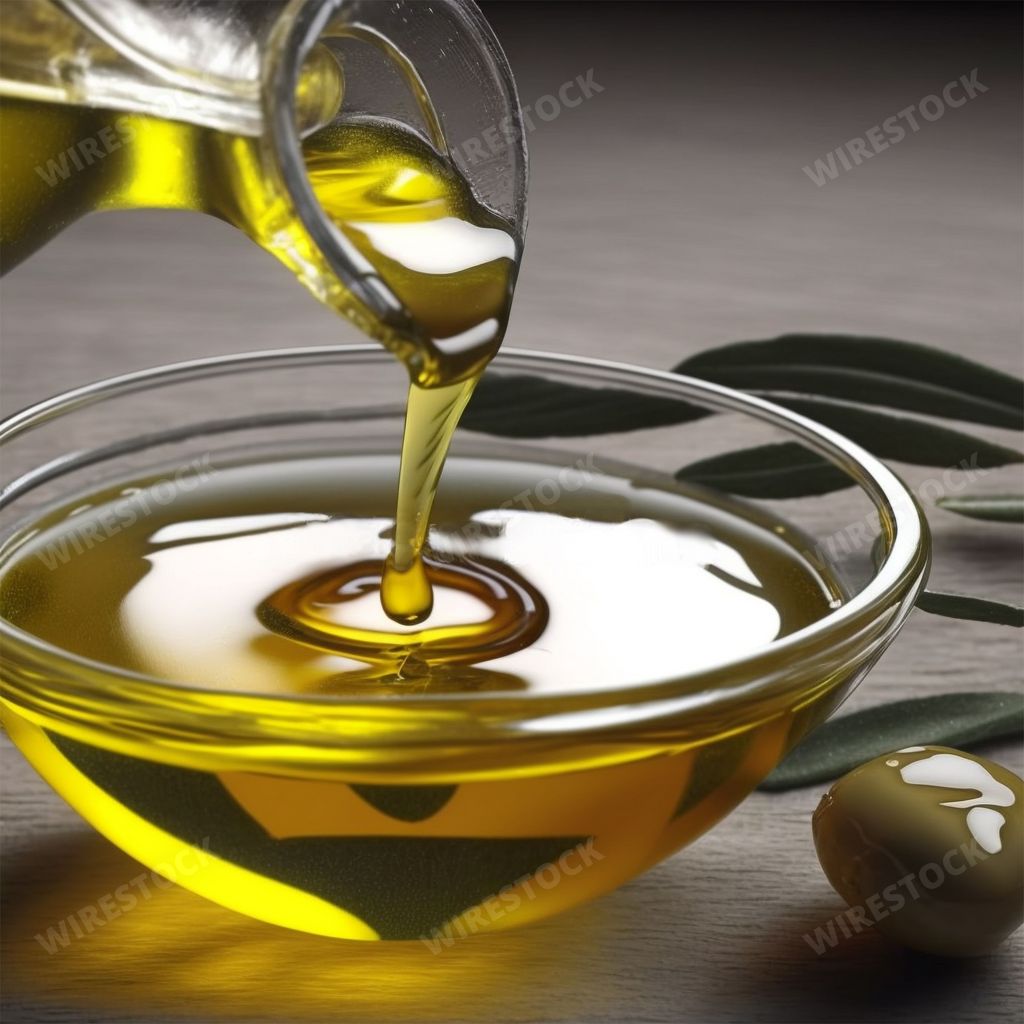 A closeup shot of olive oil pouring out from a glass jar into a bowl