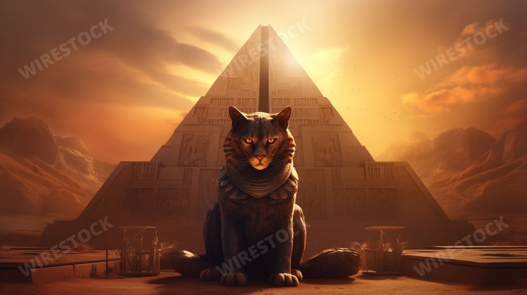 An AI generated illustration of An orange tabby cat sitting in a desert landscape, with a large ancient pyramid in the background
