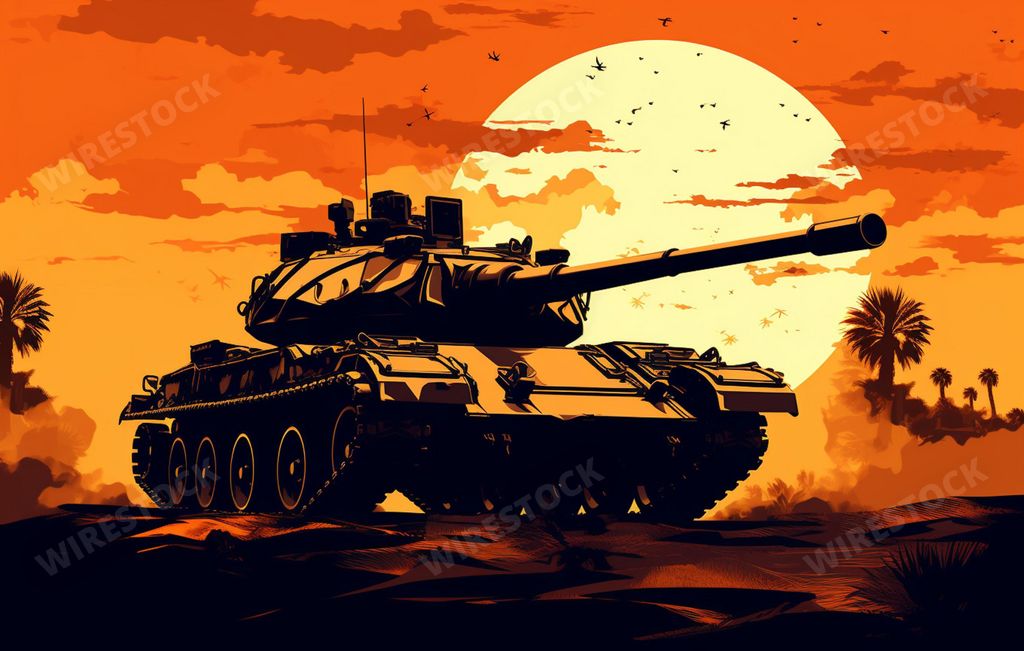 An AI generated illustration of A brown military tank in a desert setting with a stunning orange sky and sun in the background