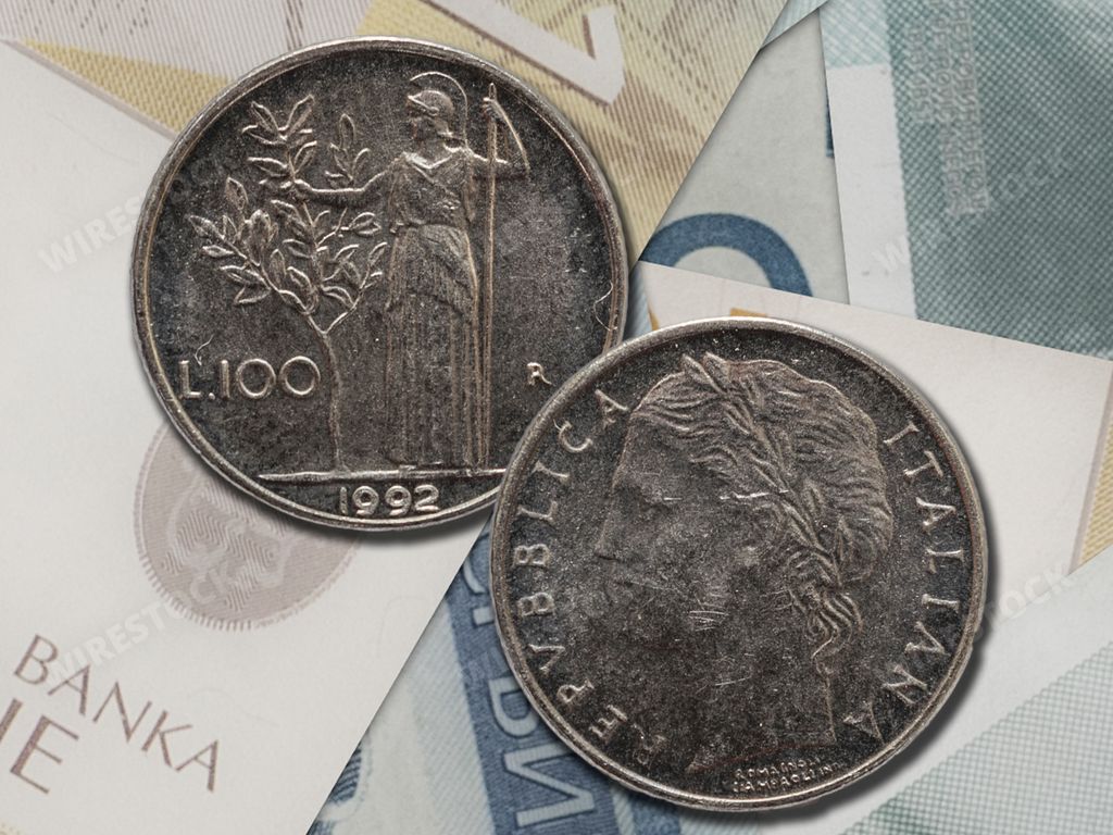 Italian lira coin obverse and reverse. Old currency of Republic of Italy. Financial concept