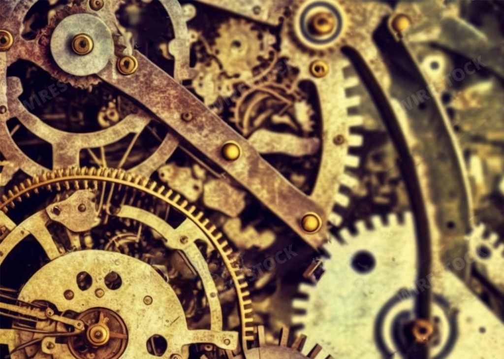 A closeup shot of clock mechanism, mechanical steampunk background