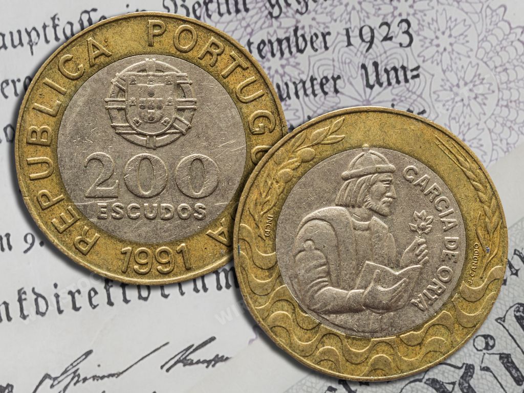 Portugese escudo coin obverse and reverse. Old money of Portugal