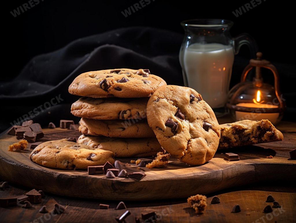An AI generated illustration of A plate of freshly baked cookies and a glass of cold milk
