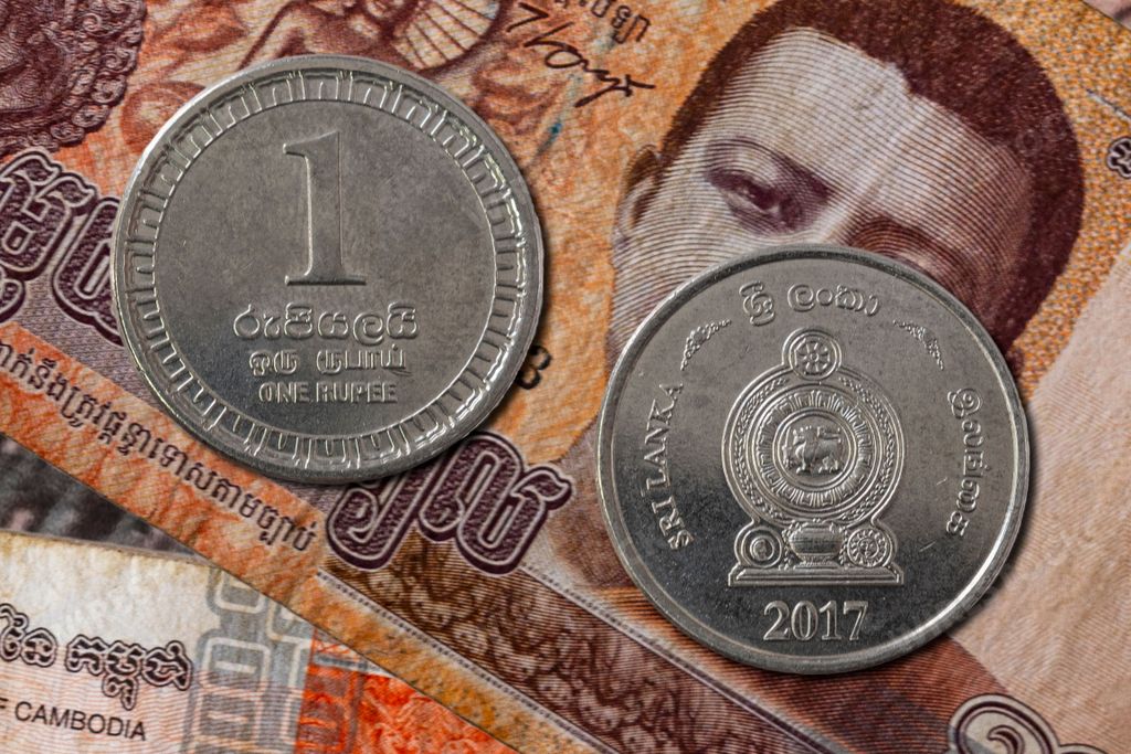 A closeup of the Sri Lanka rupee coins