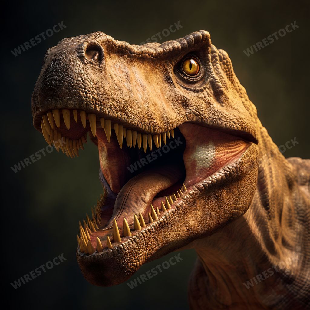An AI generated illustration of A close-up portrait of a tyrannosaurus rex, the iconic dinosaur species known for its large size and ferocious nature