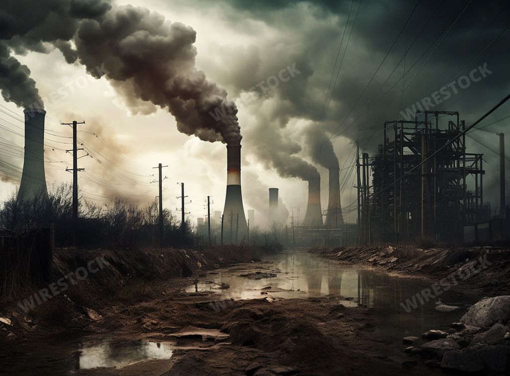 An AI generated illustration of an industrial area with pipes and stacks emitting clouds of smoke