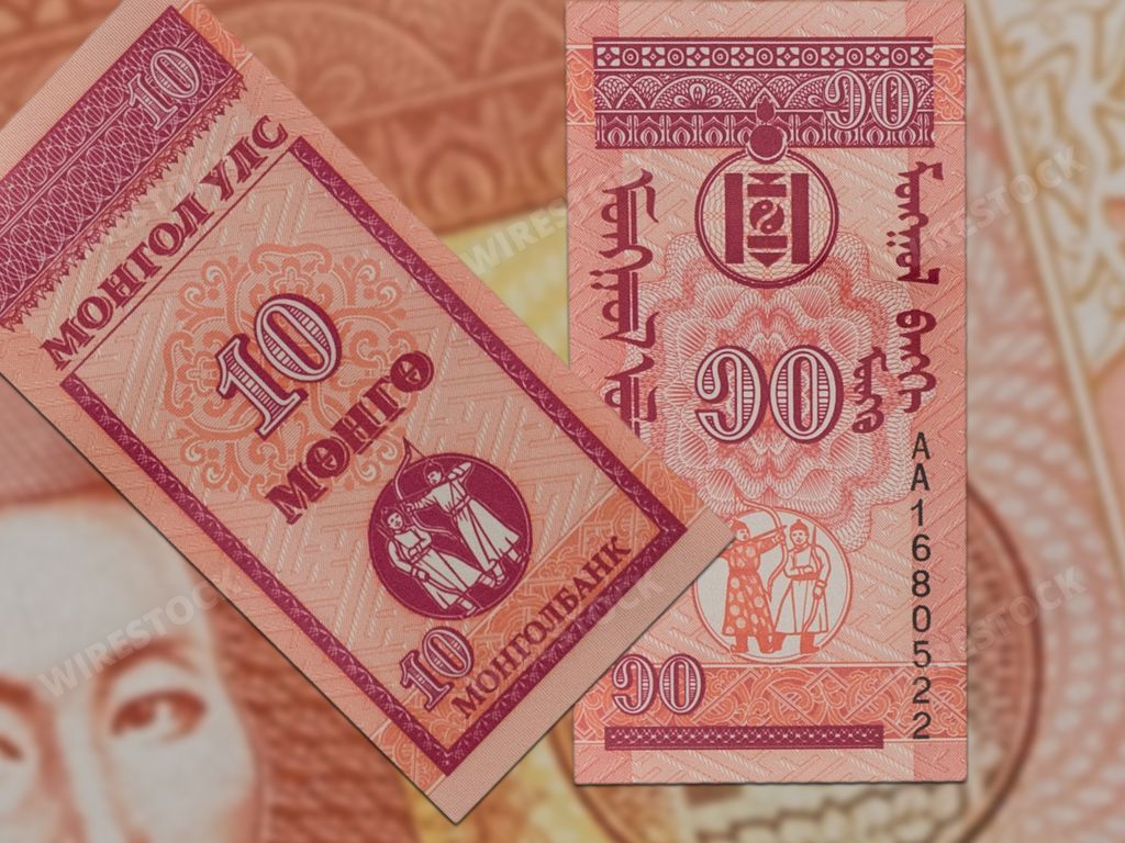 Mongolian Mongo banknotes.Cash paper money on a tablecloth.
