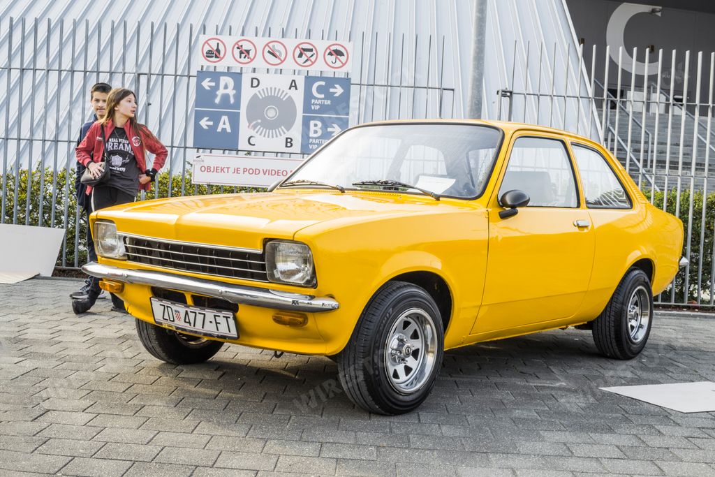 A closeup of an Opel kadett c coupe old timer displayed at classical car exhibition