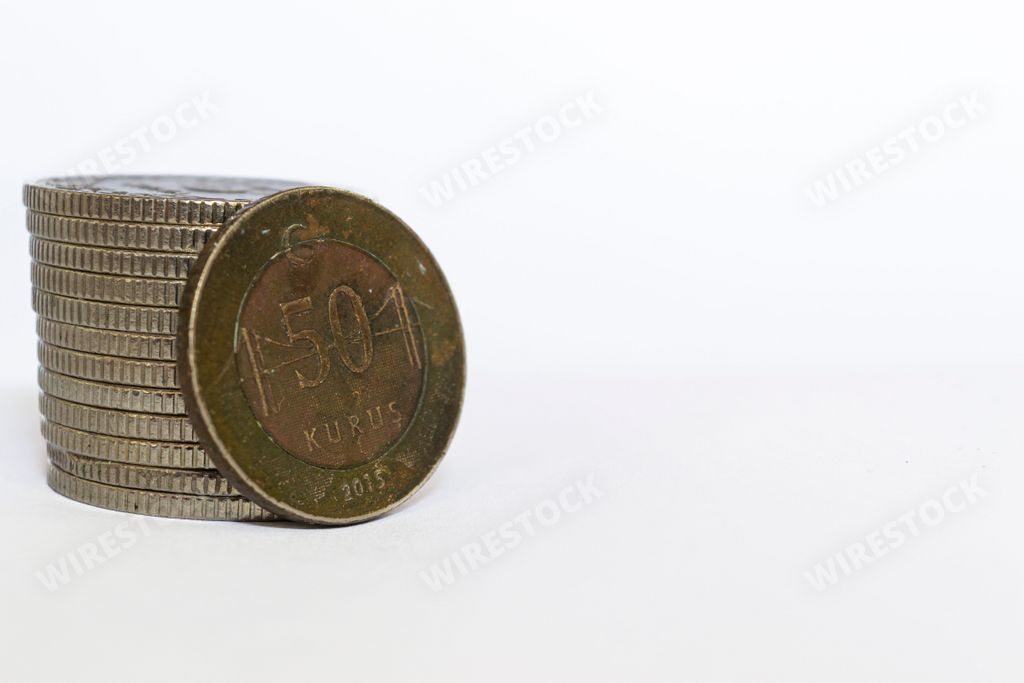 Closeup shot of a Turkish lira coin on a white background