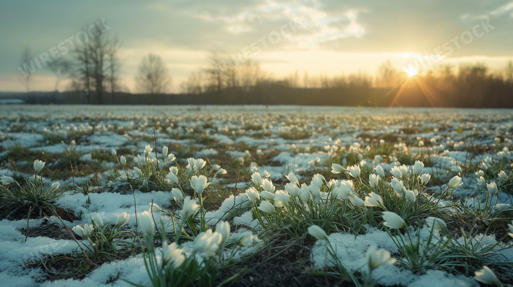 A snow-covered grass shining in the sun's glow, AI-generated.