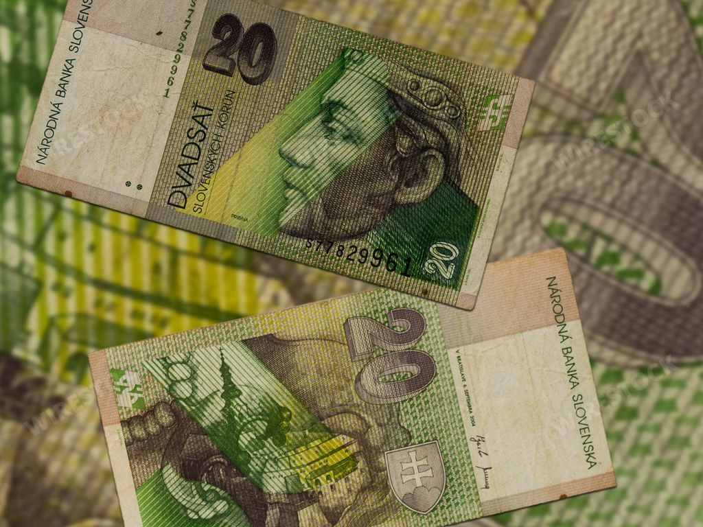 An overhead shot of Slovak koruna banknotes