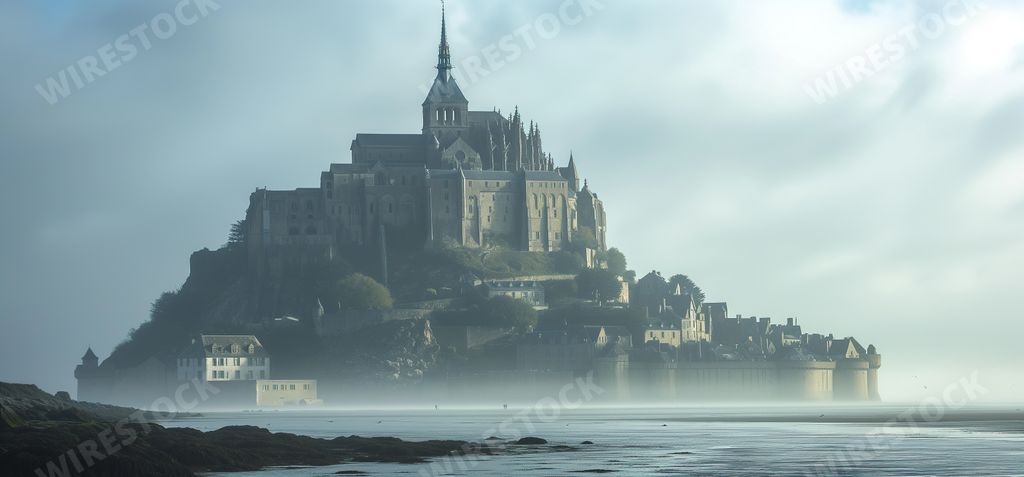A majestic medieval castle and a historic church perched on a lush green island surrounded by tranquil blue waters in the foreground