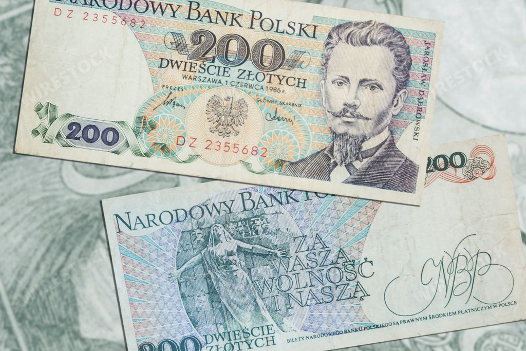 A closeup of Vintage polish Zloty banknotes