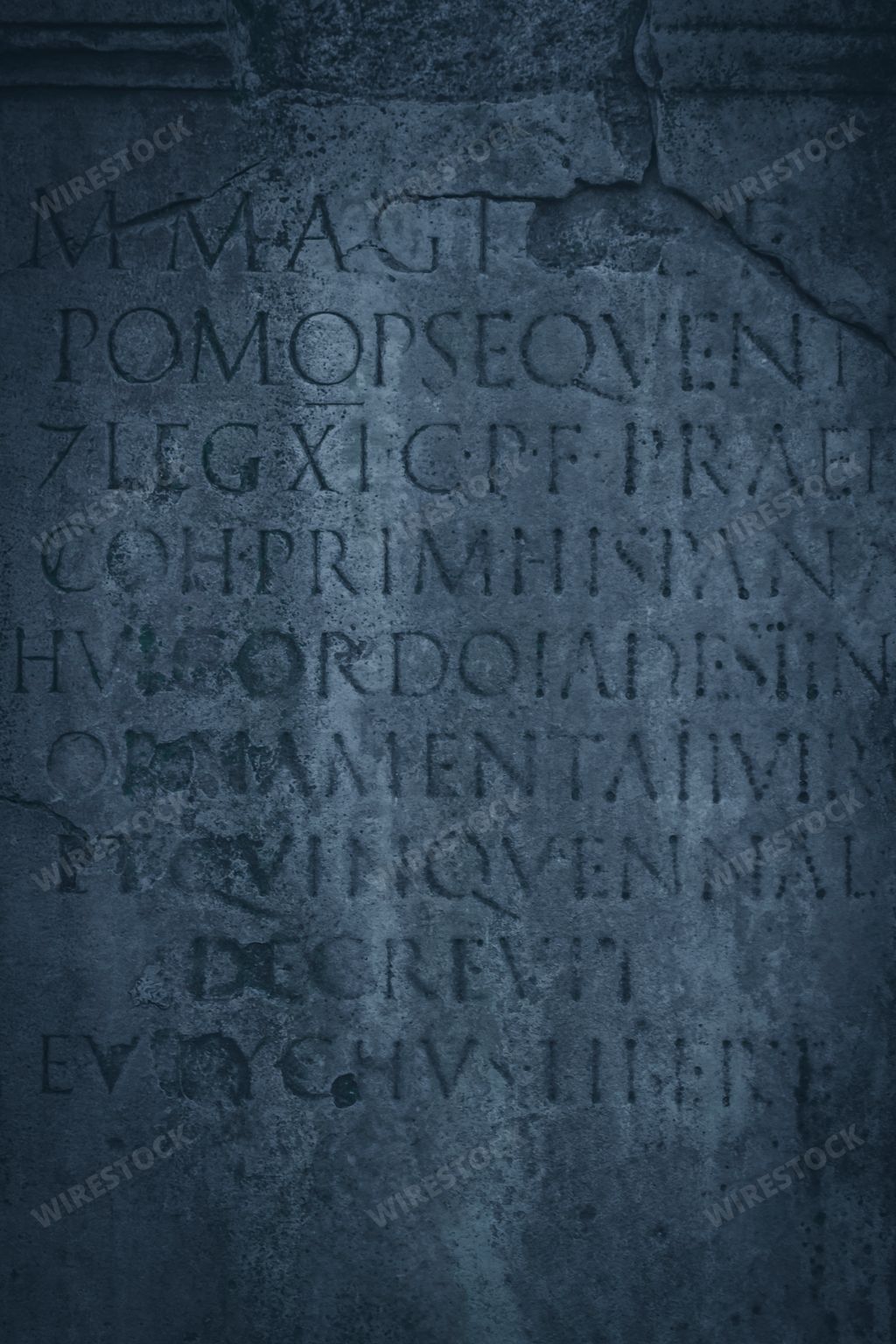 A vertical shot of ancient Roman letters carved in stone