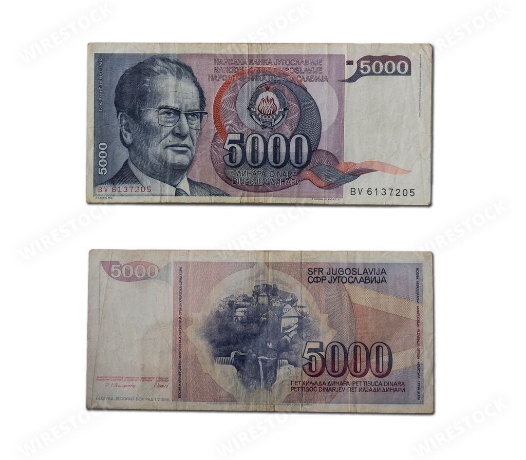 A closeup shot of late Yugoslavian dinar banknote of 5000 dinars