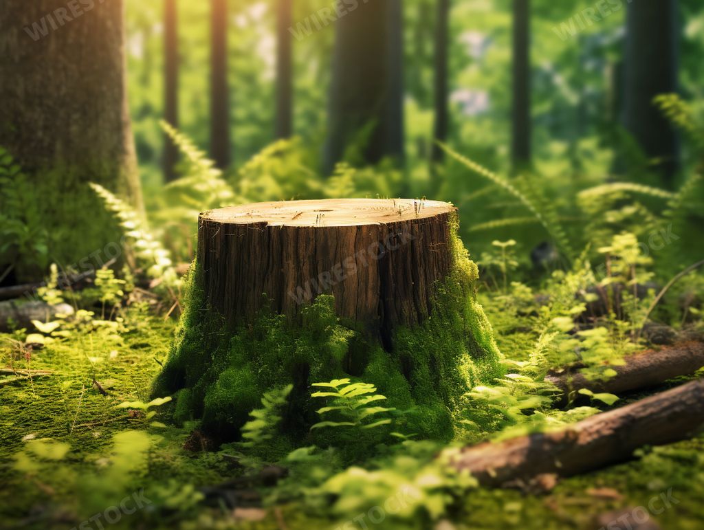 A small tree stump is situated in a lush forest of ferns, providing an idyllic setting for nature lovers and outdoor enthusiasts alike
