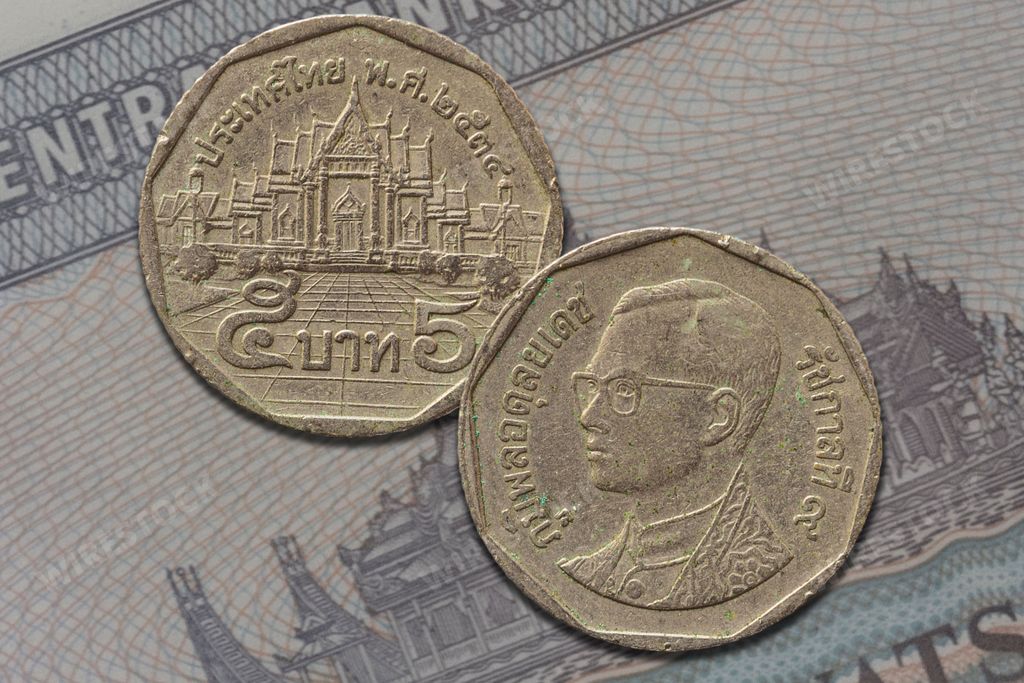 A closeup shot of the Thai baht coins, money of Thailand