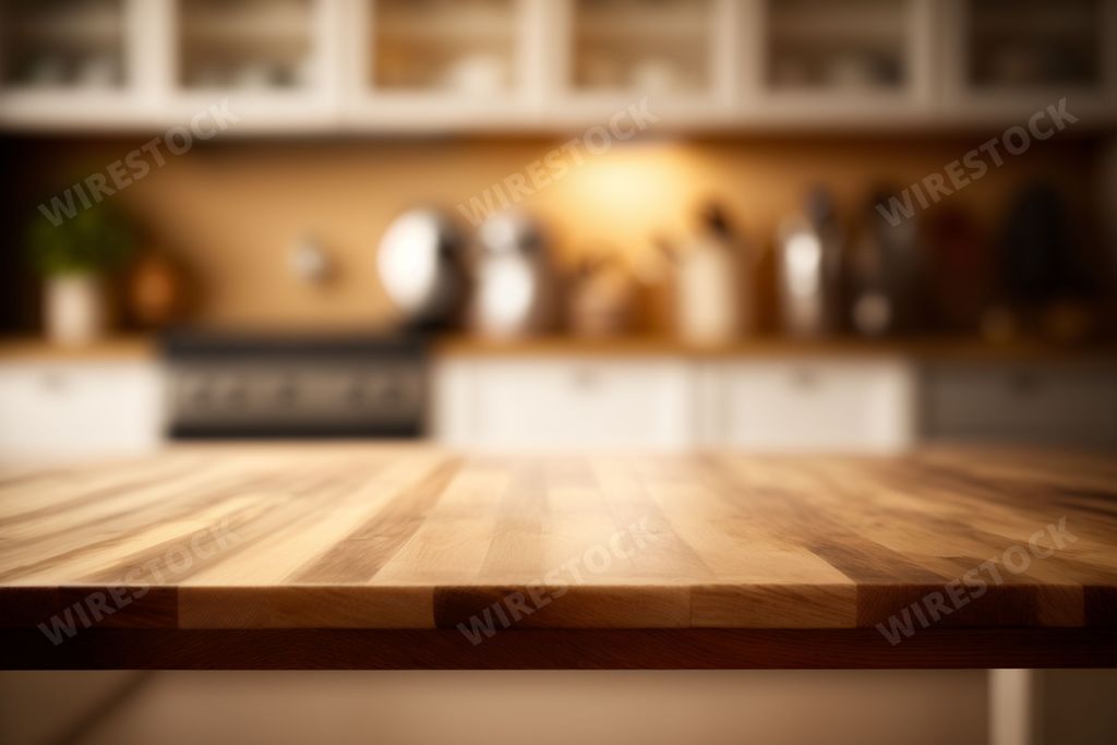 An AI generated illustration of a wooden table and blurred kitchen background, product display, montage