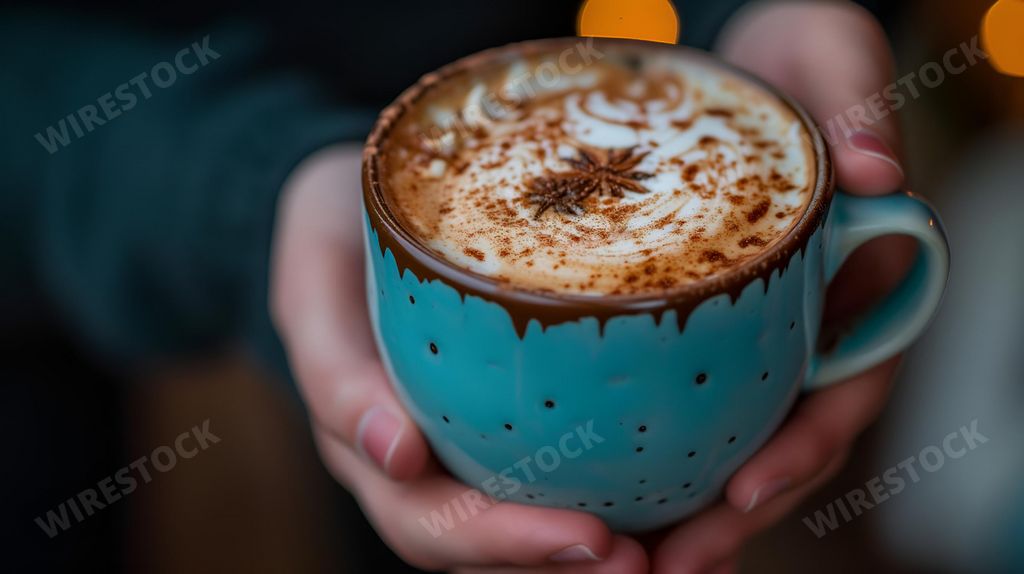 An AI generated illustration of a person with a vibrant blue coffee mug filled with brown foam